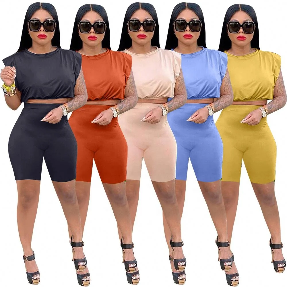 

Fashion Two Piece Track Suit Plain Trousers Set 2021 Shoulder Pad Sexy 2 Two Piece Summer Outfits Jogger Shorts Pants Set Women