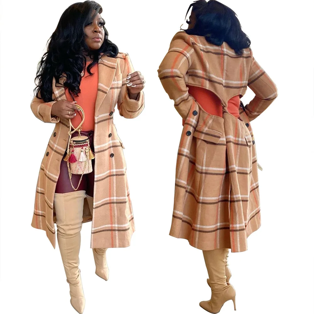 

Newest Design autumn and winter Plaid Cut-out wool coat Cardigan Sweater Women's Trench Long Coats