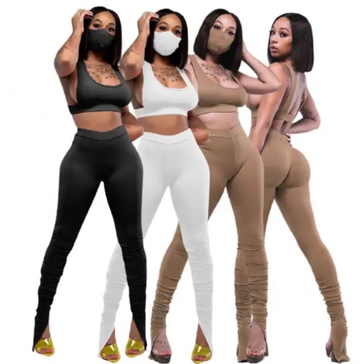 

D95851 Wholesale Price Fashion Sexy Women Clothing 2020 Elastic Tight Yoga Sports Suit Womens Solid Color Two Piece Set