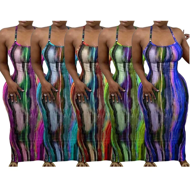 

Wholesale Sexy Ladies Casual Slip Dresses Backless Bodycon Tie Dye Summer Women Maxi Dress