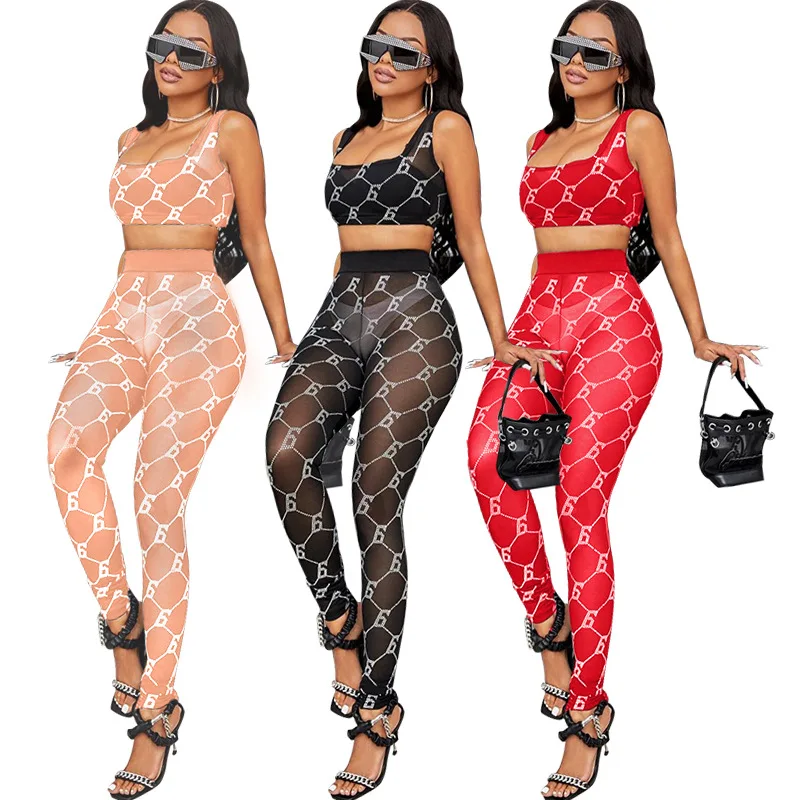 

Tank Tops With joggers Sets Mesh Printed Letter Design Women's See Through transparent Two Piece Street Wear stripper clothes, Customized color