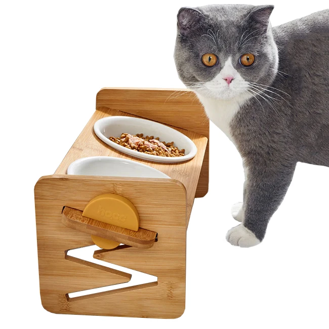 

High Dog Food Bowl Bamboo Stand 15 Degree Tilt Neck Guard Adjustable Elevated Pet Ceramic Bowl For Cat