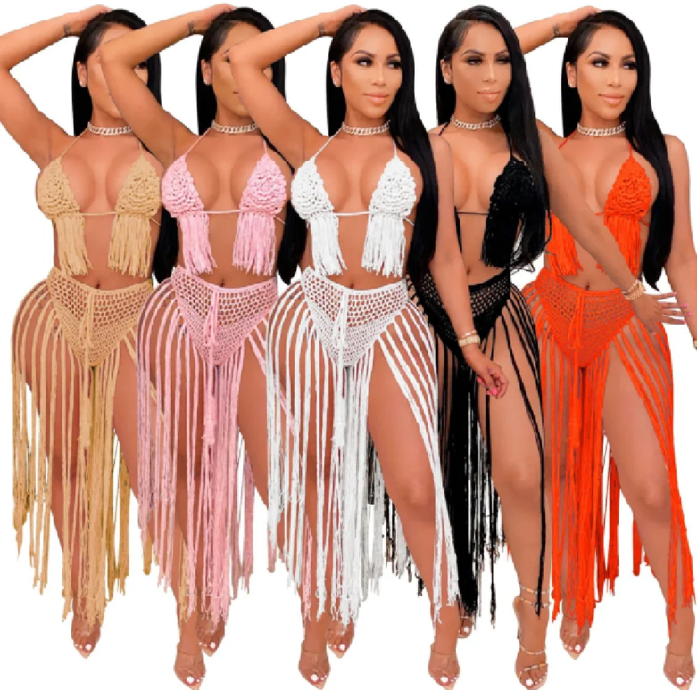 

Sexy Women's Swimwear 2021 New Beach Cover Up Solid Color Hollow Out Weaving Two Piece Bikinis Set, Picture showed