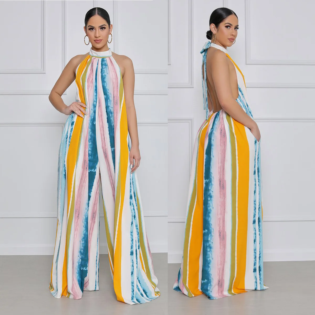 

European And American Loose Casual Print Stripe Women's Jumpsuit