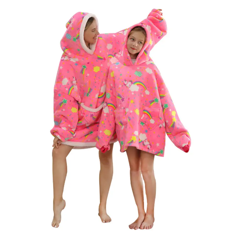 

winter Overmaats kinderen warm tekenfilm dier Dik Knus Lamswol flanel Hooded Draagbaar Deken Trui huiskleding capuchon
