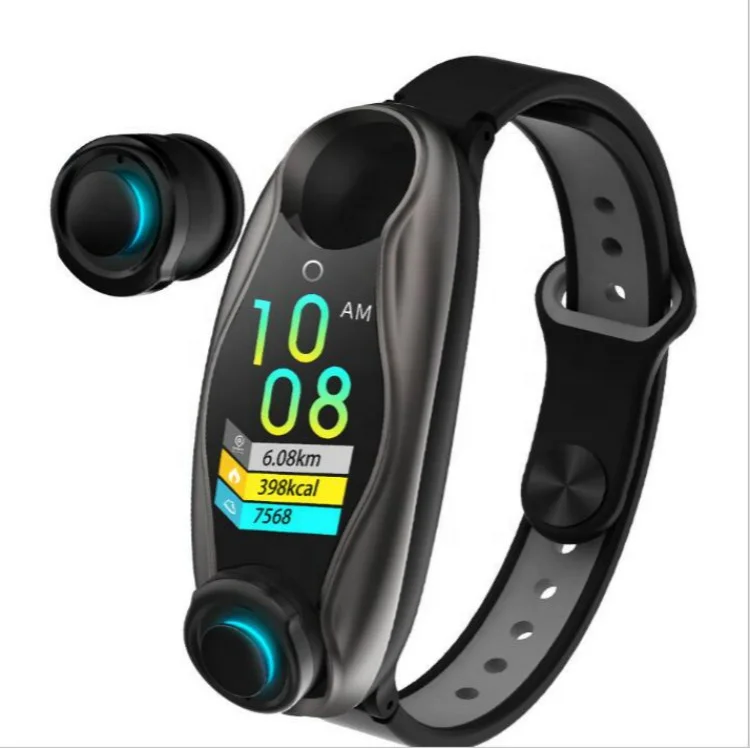 

Newest LT04 IP67 Waterproof Fitness Bracelet Dual Wireless Blue tooth Earphone 2 In 1 Sport Smart Watch, Black/blue