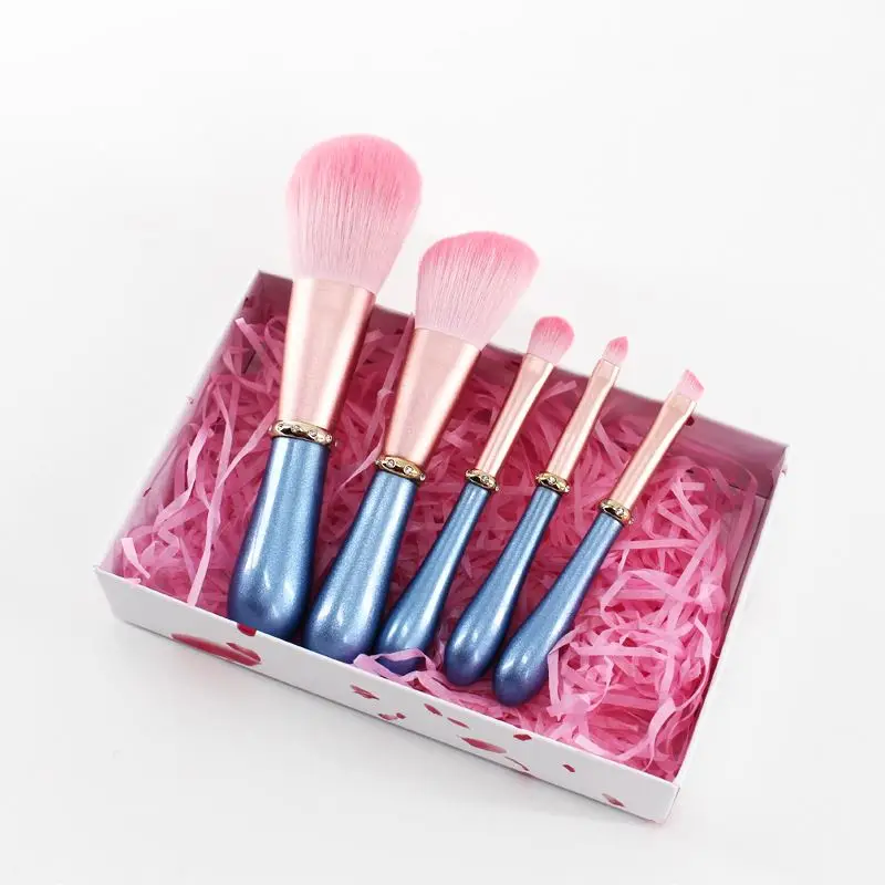 

Luxury glitter diamond Girls lovely Mini 5pcs Diamante Wood Handle Brush Set Soft Hair powder Makeup Brushes Gift Case, Pink