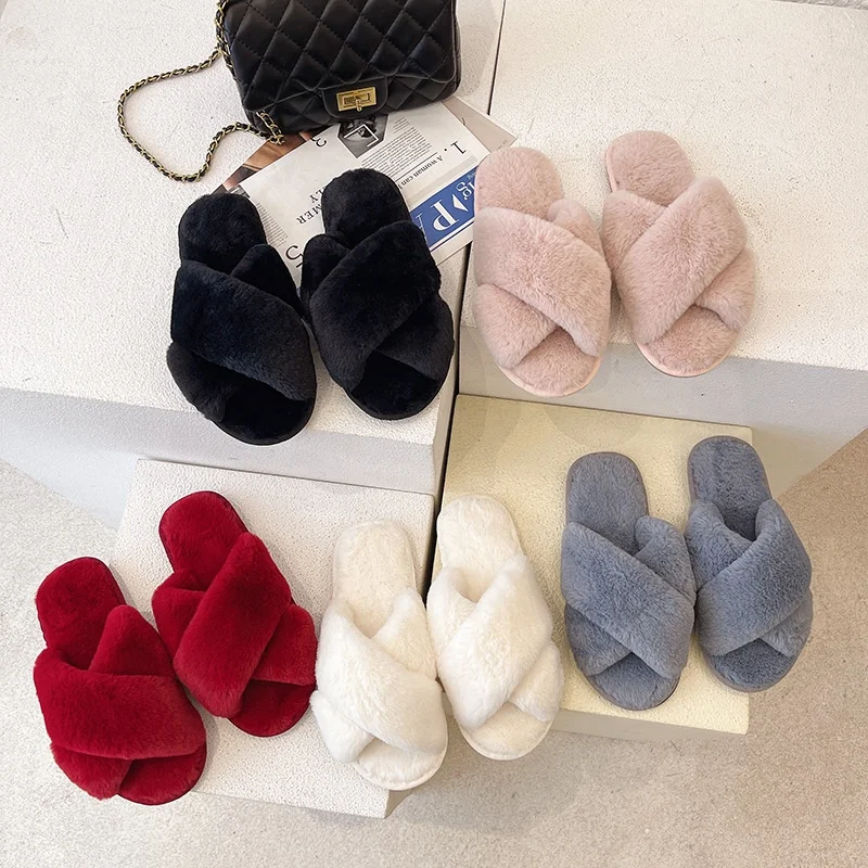

Women Winter High Quality Plush Slippers Female Fashion And Warmth Wool Fur Home Slippers, White, red, black, gray, pink
