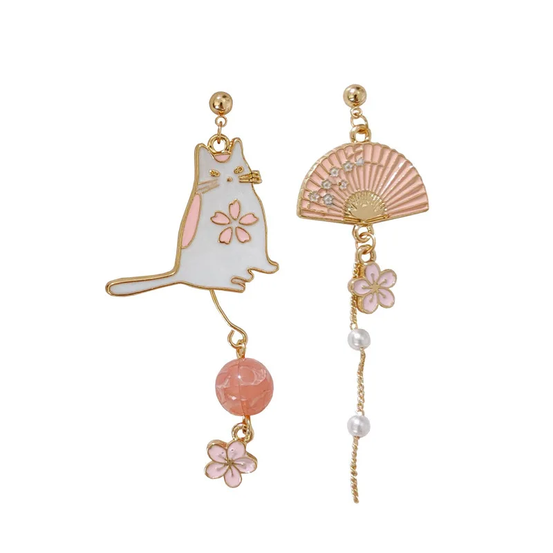 

Silver lovely cat and the cherry blossom unsymmetrical tassel earrings