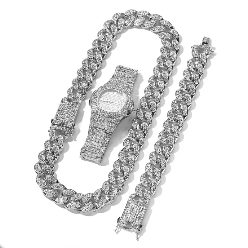 

20MM Mens Hip Hop Iced Out Bling Rhinestone Cuban Link Chain Necklace And Bracelet Set