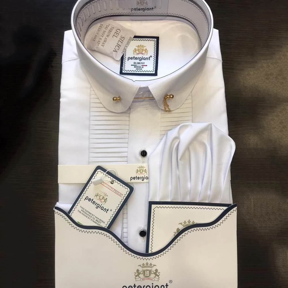 

Luxury designer prom shirts wholesale long sleeve tuxedo wedding party flashy slim nice cut French cuff dress shirt white men