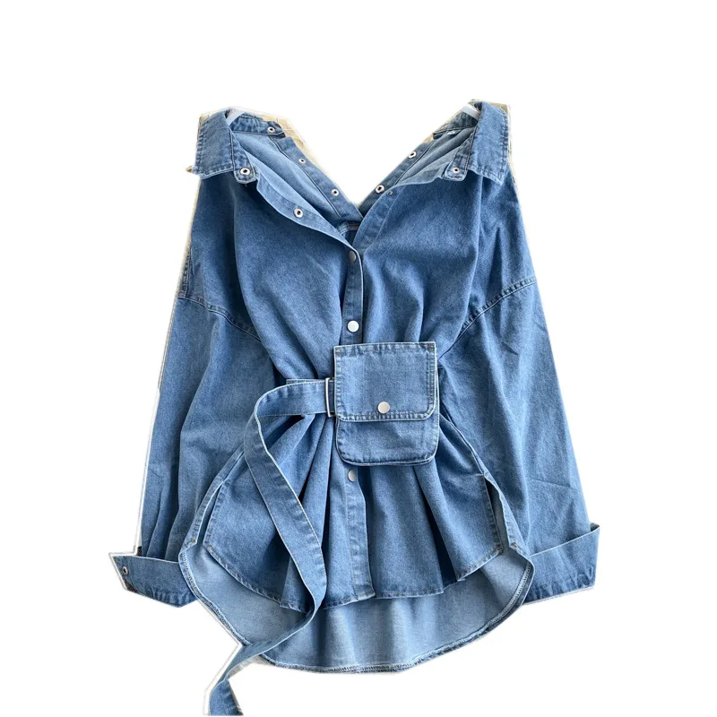 

Lapel Long Sleeve High Waist Patchwork Bag Denim Blouses Female