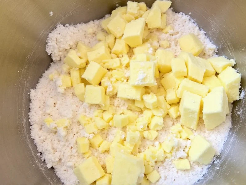 Grated frozen butter mixed into flour for biscuit recipe