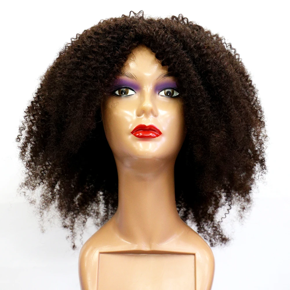 

100% Virgin Hair Woven Into Full Epidermal Hair Wigs Fluffy Explode Mid Length Kinky Curly Virgin Human Hair Wigs, 1b natural black