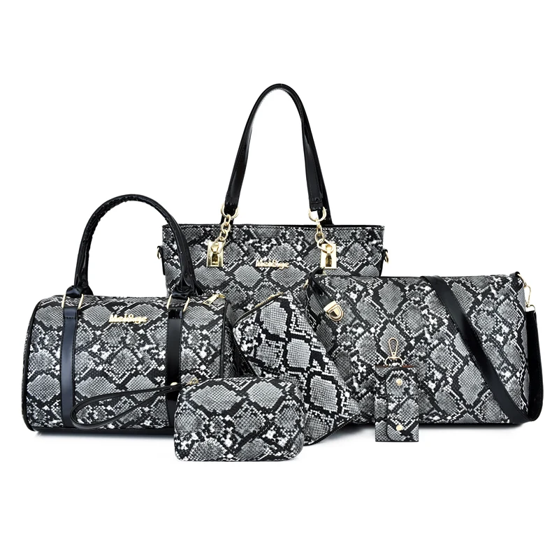 

2020 New style 6 in 1 python pattern PU leather ladies purse handbags for women, Khaki,brown,blue,gray,red