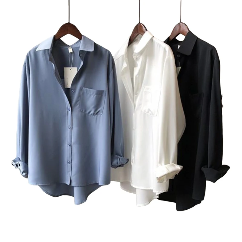 

Hot Wholesale Loose White Stain Shirts for Women Fashion Casual Solid Clothes Plus Size Office Lady Tops 2021 New Stylish Blouse, White, black, blue, purple