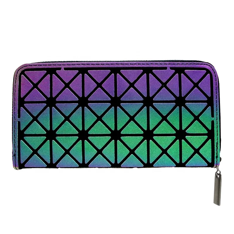 

Women Reflective PU Purses Mulit Pouch Zipper Luminous Geometric Long Wallet
