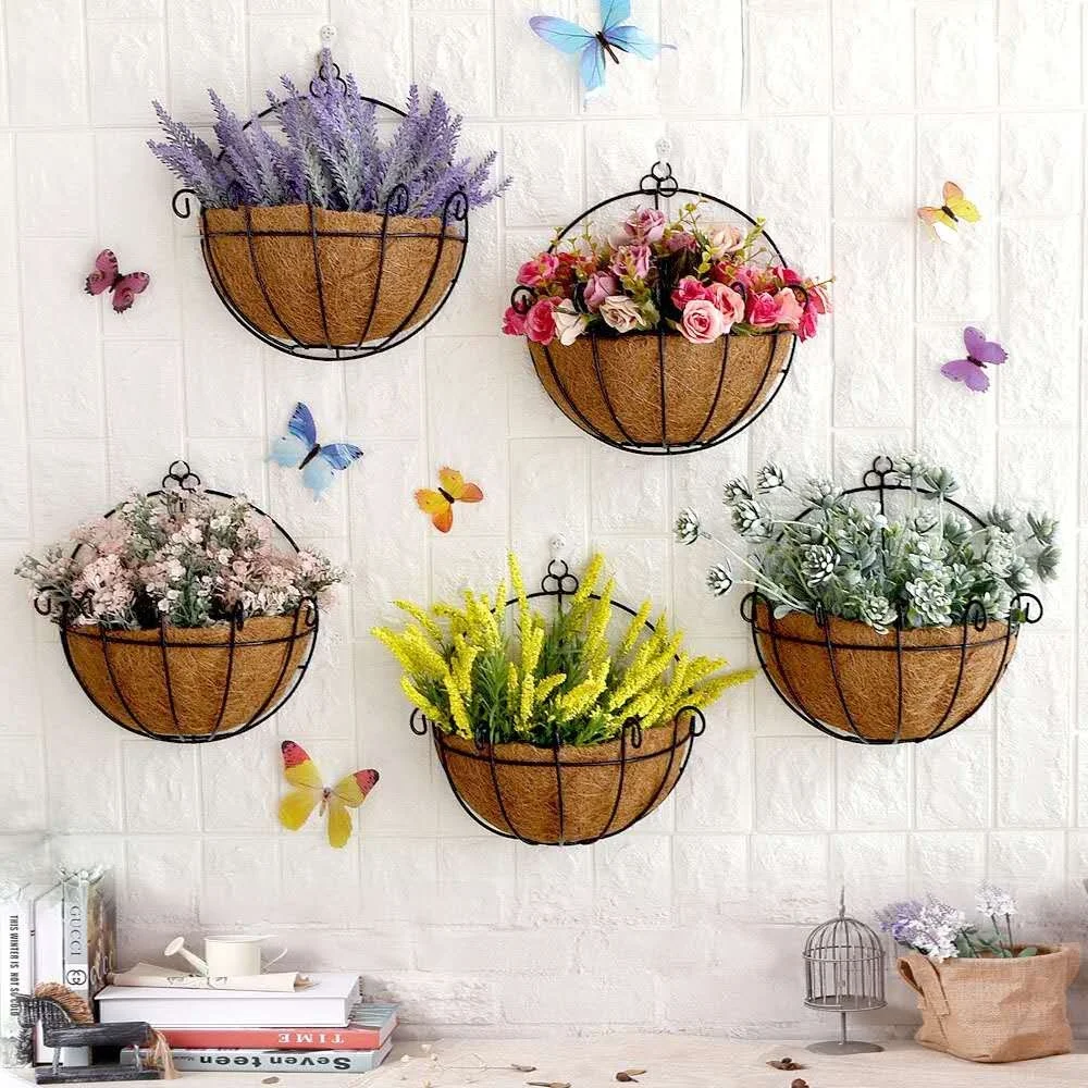 

Indoor house wall air plant holder artificial flower plant iron hanging planters basket for wall decor, Coffee