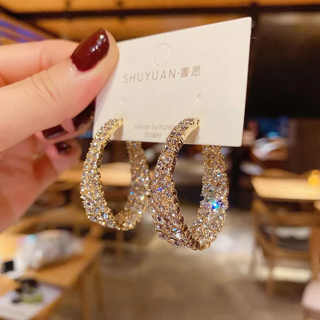 

korean retro Baroque round rhinestone earrings 2021 style exaggerated silver needle crystal hoop earrings female (KER587), Same as the picture