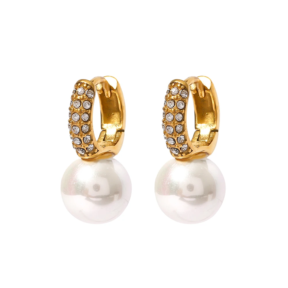 

Ins 18k Gold Plated Earring Stainless Steel Shell Pearl Cubic Zirconia Hoop Earrings for Women