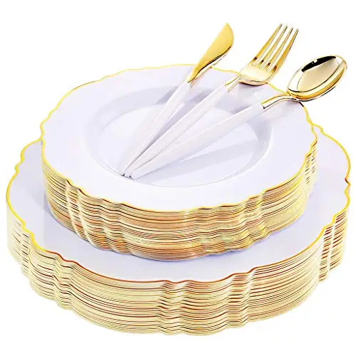 

150pcs white and gold dinnerware set disposable wedding disposable plastic plate plastic dinnerware sets