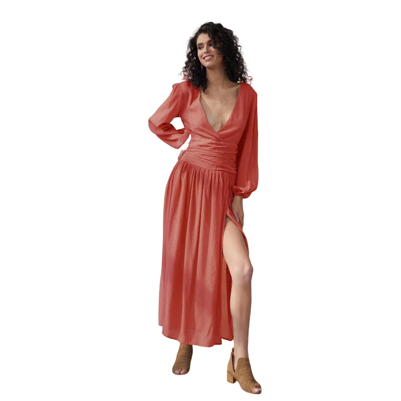 

2019 deep v neck elegant casual long woman dress lantern sleeve Sexy bohemian dress