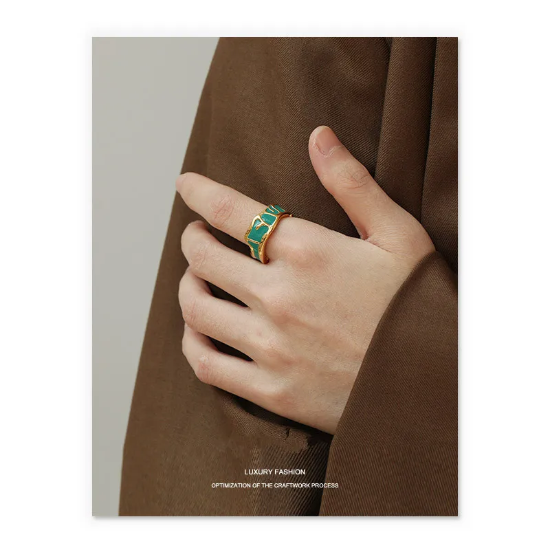 

European Vintage Emerald Geometric Irrgular Open Cuff Ring Handmade No Fading Enamel Finger Ring For Women Party Jewels