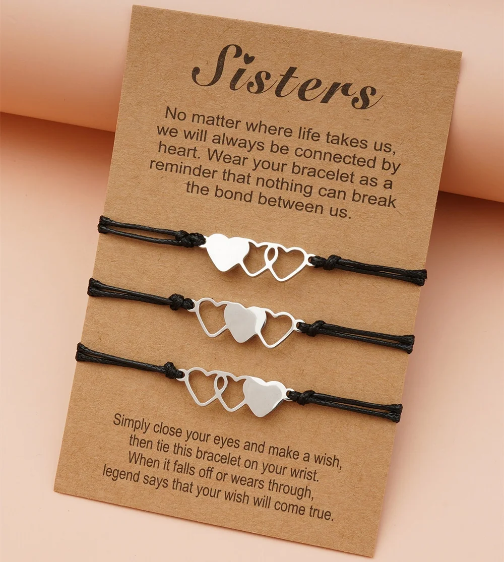 

Hot Sales Sisters Gift Jewelry Set 3Pcs Stainless Steel Heart Charm Pulseira Bracelet String With Wish Card