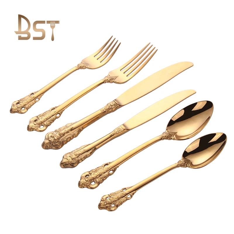 Hot Sale Baroque Style Royal Stainless Steel Gold Flatware Set
