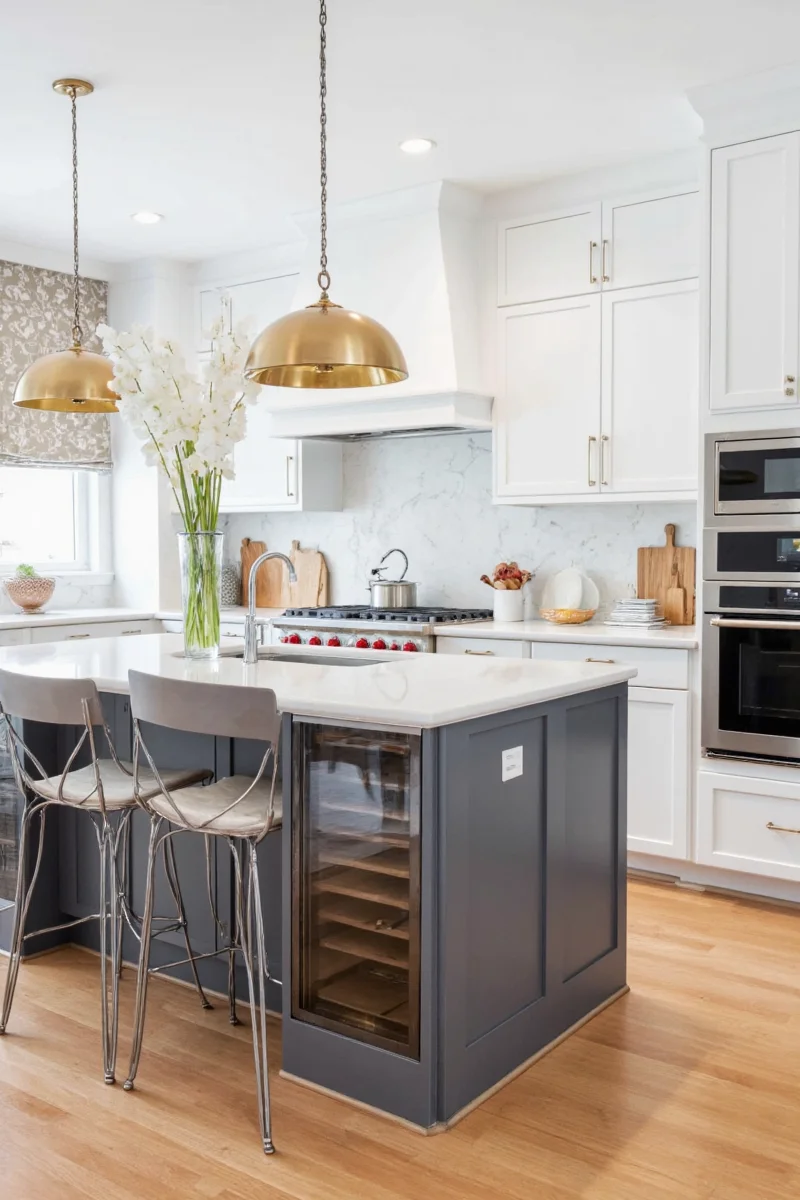 Decorated kitchen island with accessories and greenery
