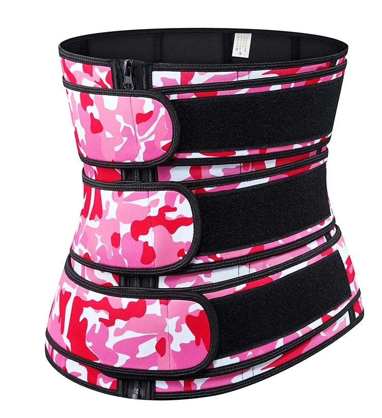 

Fashion Camouflage Printed Waist Trainer Three Row Hooks Waist High Compression 3 Strap Waist Trainer Belt For Women and Men, Pink,blue