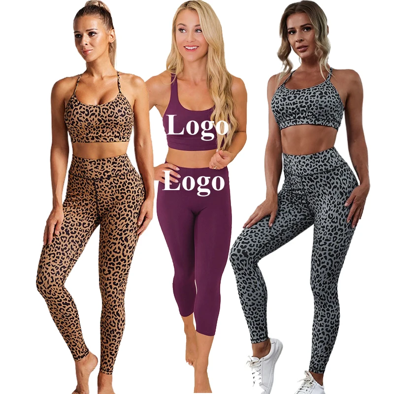 

Custom Logo OEM Women Solid Leopard Print High Waist Fitness Gym Wear Workout Sport Yoga Set Active Wear, Leopard print yoga set