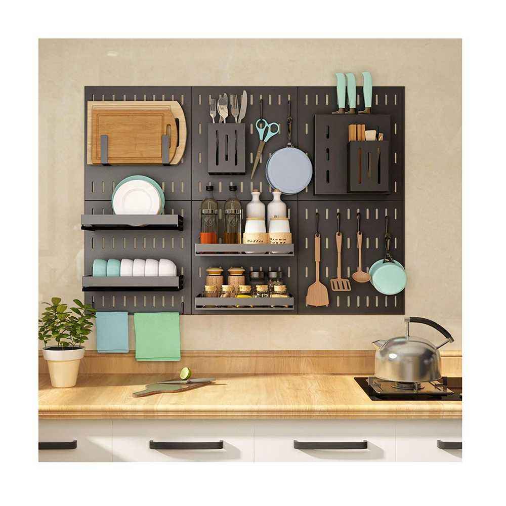 

wall mounted kitchen storage holders stainless steel pegboard with various fittings different combinations, White, black