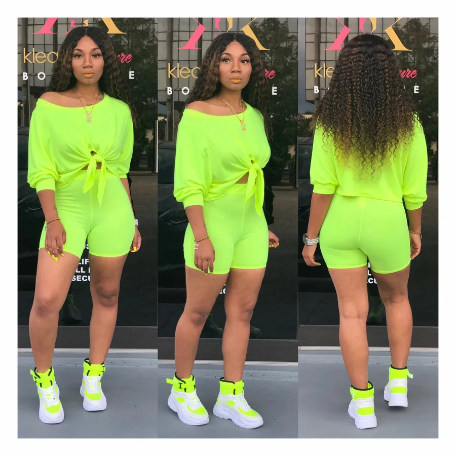

Hot Selling New Neon Green Fall Casual Sport 2 Piece Set Clothing Pants Suit Set Wholesale Two Pieces Cotton Biker Shorts Set