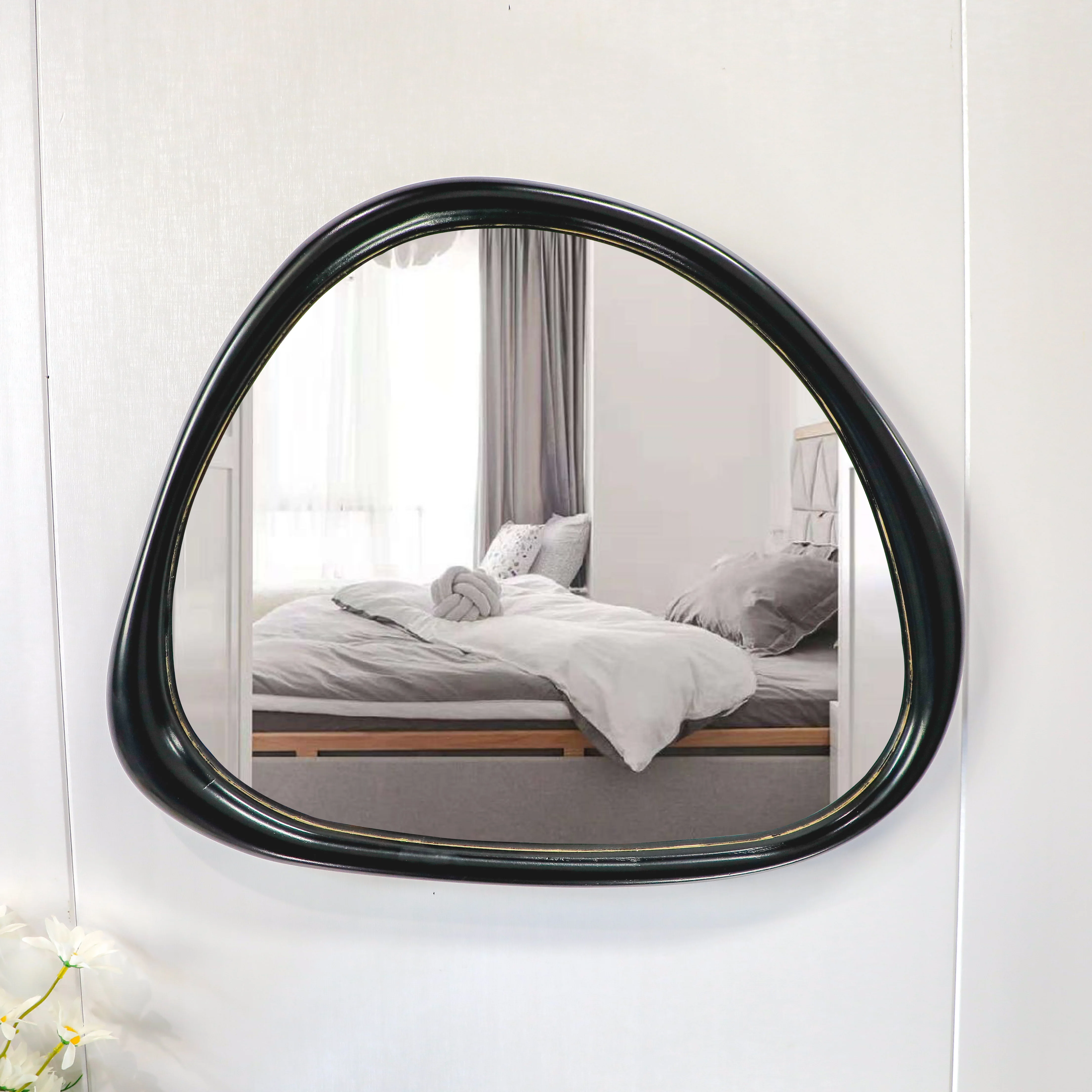 70x50cm Smooth Wood Framed Decorative Wall Mirrors Durable Solid Wooden Irregular Wall Mirror for Living Room
