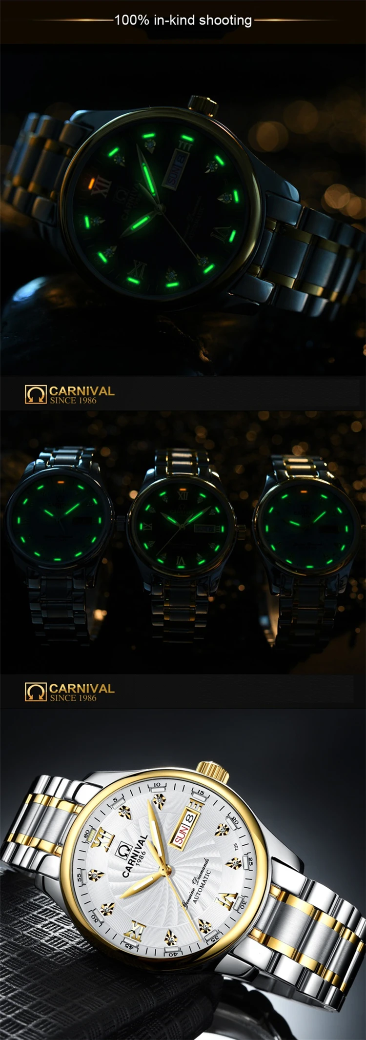 CARNIVAL 501G T25 Self-luminous tritium gas Men Gold Watch Automatic Mechanical Luminous Clock Steel Luxury Brand Business Watch