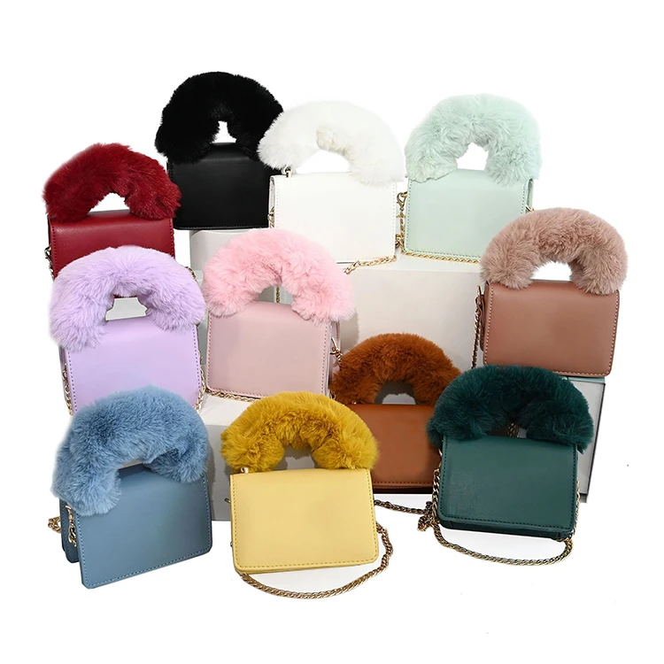 

China dropshipping black and white handbag winter bags handle fur ny purses