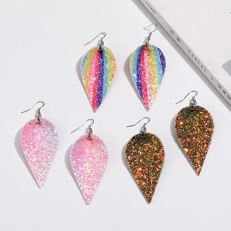 

Fashion colorful Sequins flashing leaf shaped faux leather earrings for women 2019 party wedding jewelry christmas gift, As picture