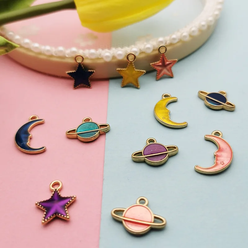 

Cute Moon Star Planet Enamel Charms Exquisite Mix Color Pendant For Jewelry Making DIY Bracelet Earrings Necklace Girls Gift, Picture