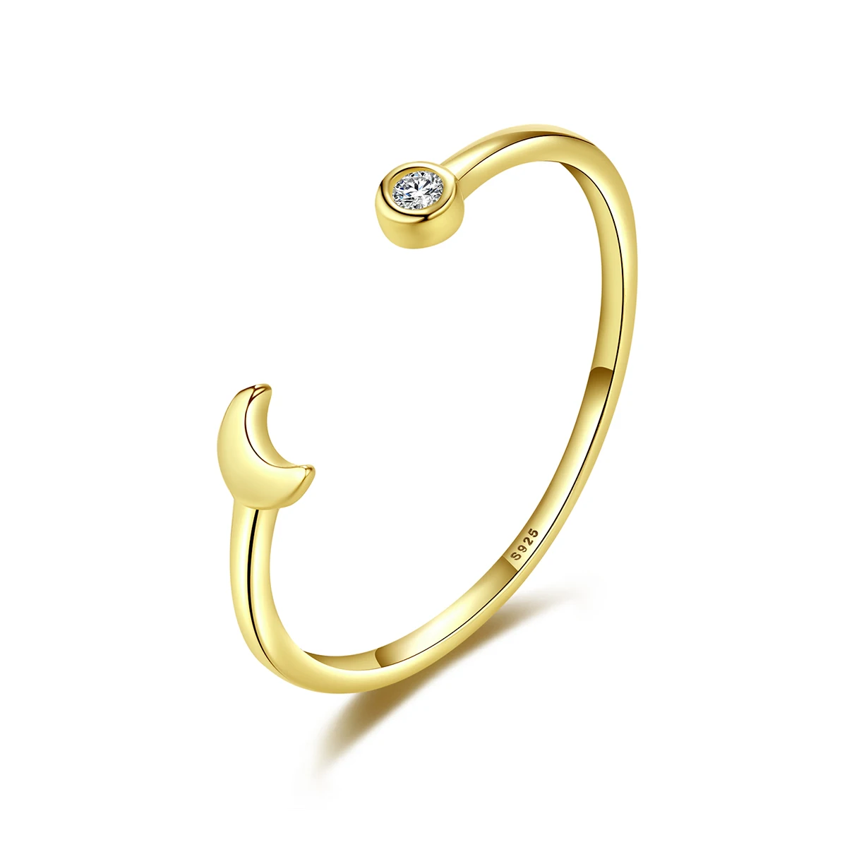 

925 Sterling Silver Gold 14K Real Gold Plated Non Tarnish Moon Resizable Ring Moon Open Ring for Girls