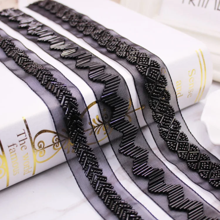 

handmade 2.5cm 1 inch wide diy decorative black beaded lace trim for clothes, Black color