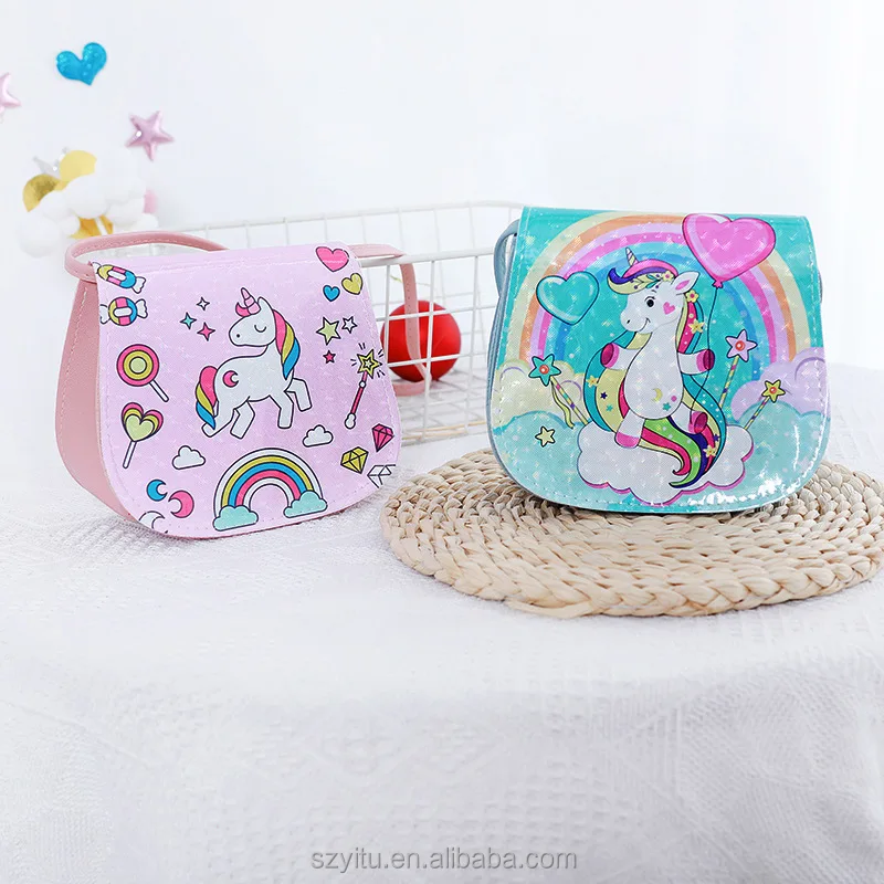 

2022 new design little girls children small cartoon unicorn leather shoulder purse charm hand bag toddler kids mini unicorn bag