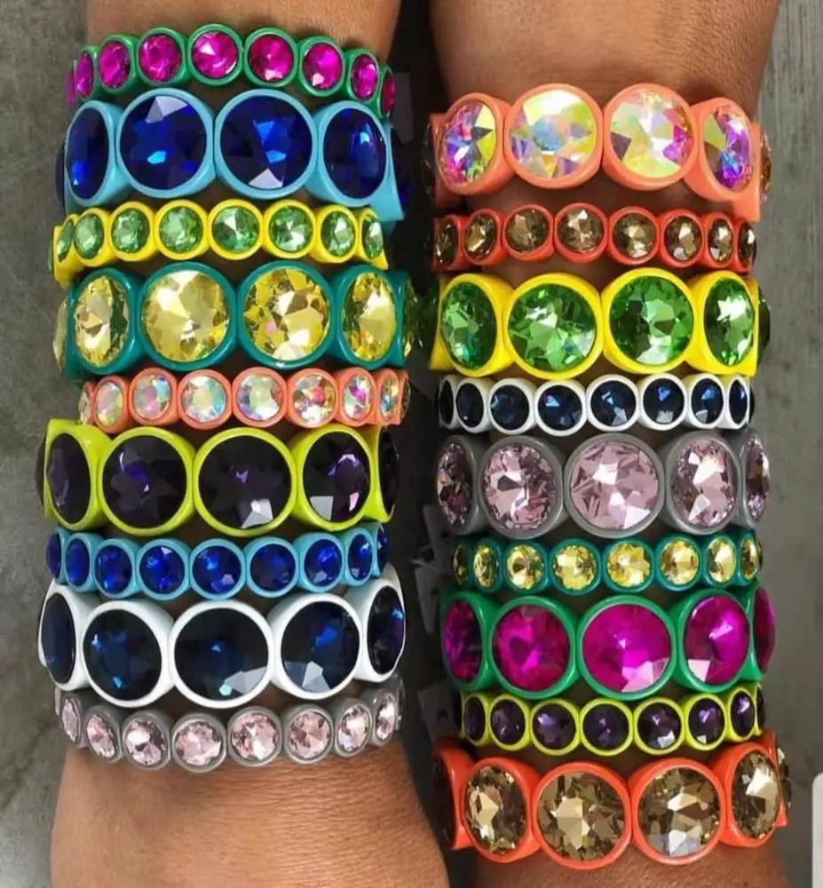 

Handmade Multicolor custom painting big crystal  bracelet enamel stretch glass bangle tile bead bracelet for women