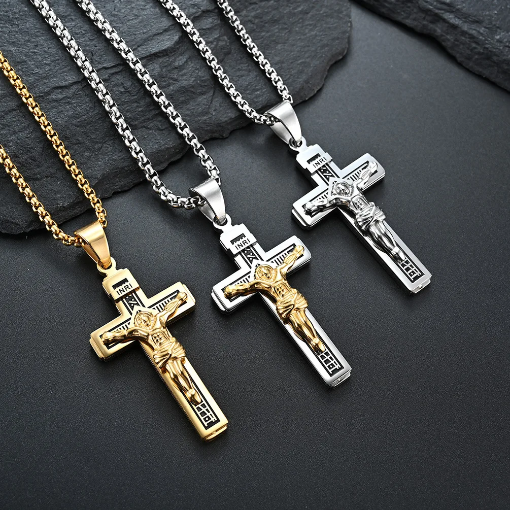 

Wholesale Christian Jewelry Gold Plated Stainless Steel INRI Jesus Crucifix Cross Necklaces Pendants for Men