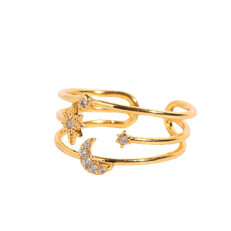 

Simple fashion gold plated ring cz zircon moon star hollow finger ring
