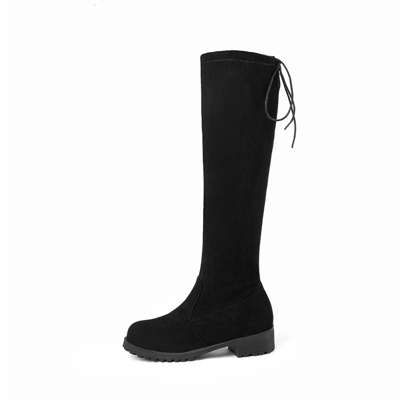 

Winter Round Head Black Suede Leather Back Lace-up Knee Chelsea Boots for Women, Black ecru