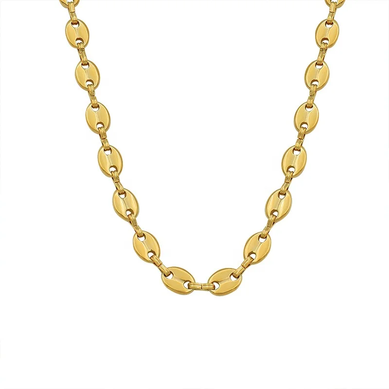 Wholesale Custom 14K 18K Gold Plated Stainless Steel Hip Hop Jewelry 8MM Wide Link Chain Women Coffee Bean Necklace