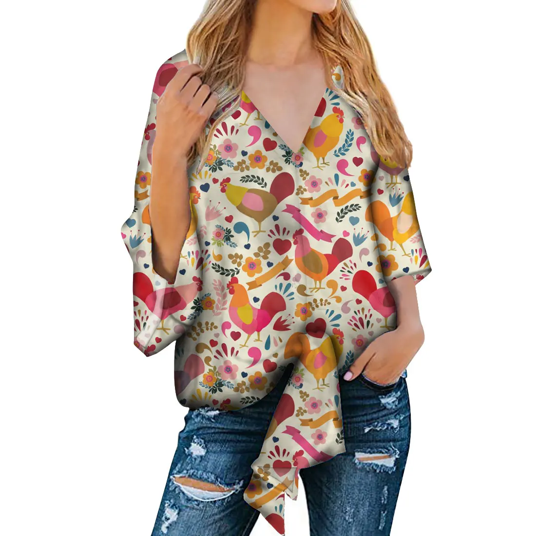 

2021 New Women Deep V-neck Blouses New Design Animal Floral Print Samoan Style Printed Customized Lady Chiffon Shirt
