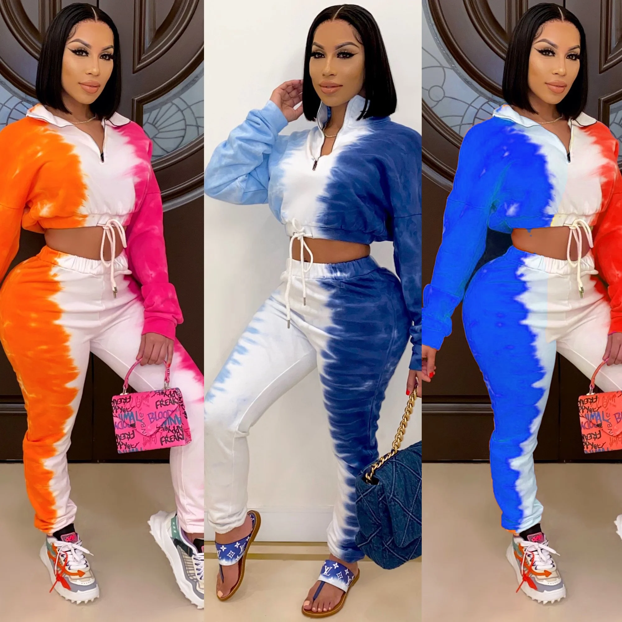 

Fall winter zipper gradient tie-dye printing sport woman pant two piece set, Orange light blue dark blue