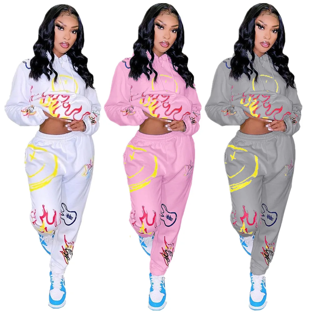 

Good Quality Women Autumn Casual Tracksuit Lady Printed Hoodie and Jogging Two Piece Set, As pic